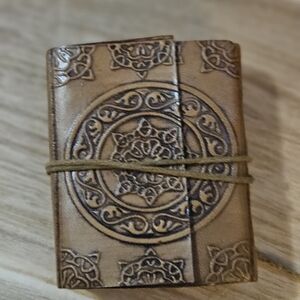 Embossed Leather Pocket Journal with Wrap Tie - Tan